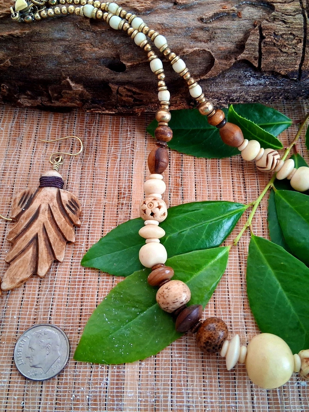 Handcrafted Natural Wood and Bone Beaded Necklace - Cream & Brown